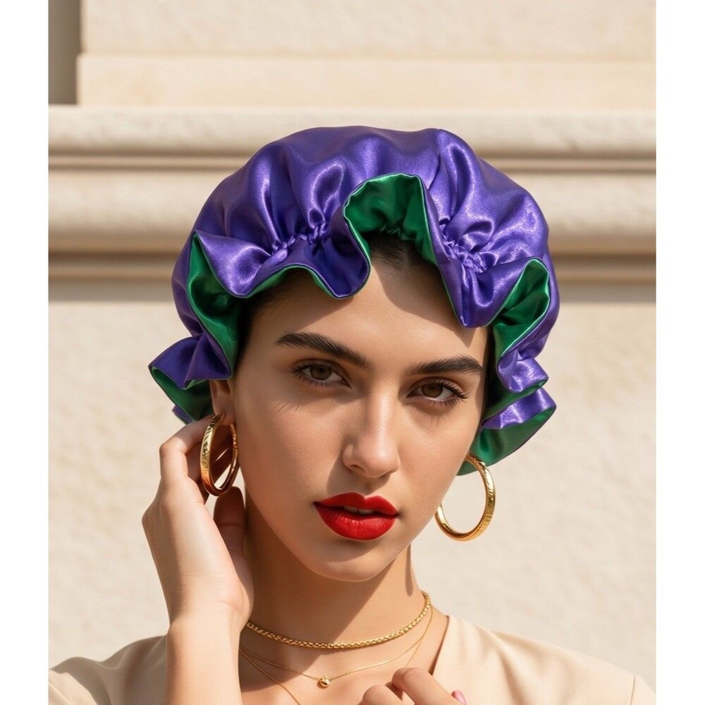 Reversible Satin Sleep Bonnet Hat – Purple & Green – Extra Large, Elastic Fit